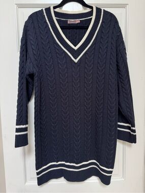 V-Neck Varsity Cable Knit Sweater Dress - Navy with Cream Trim